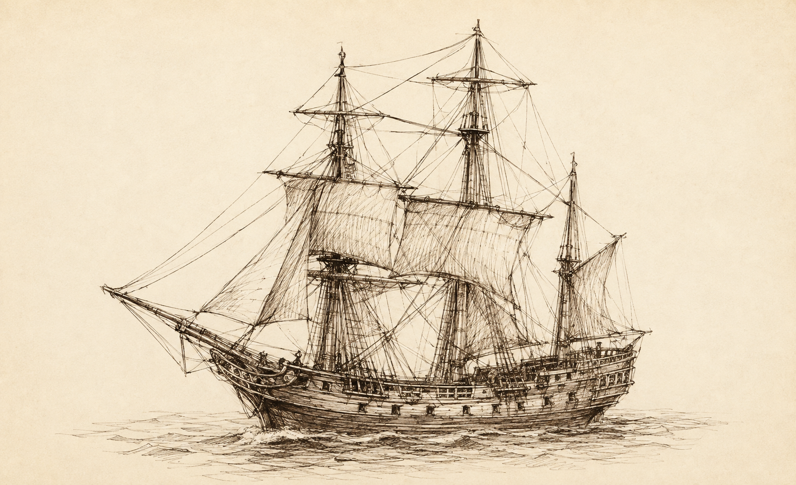A rough hand-drawn quill sketch of the Sea Raven in Captain Blackfin’s log